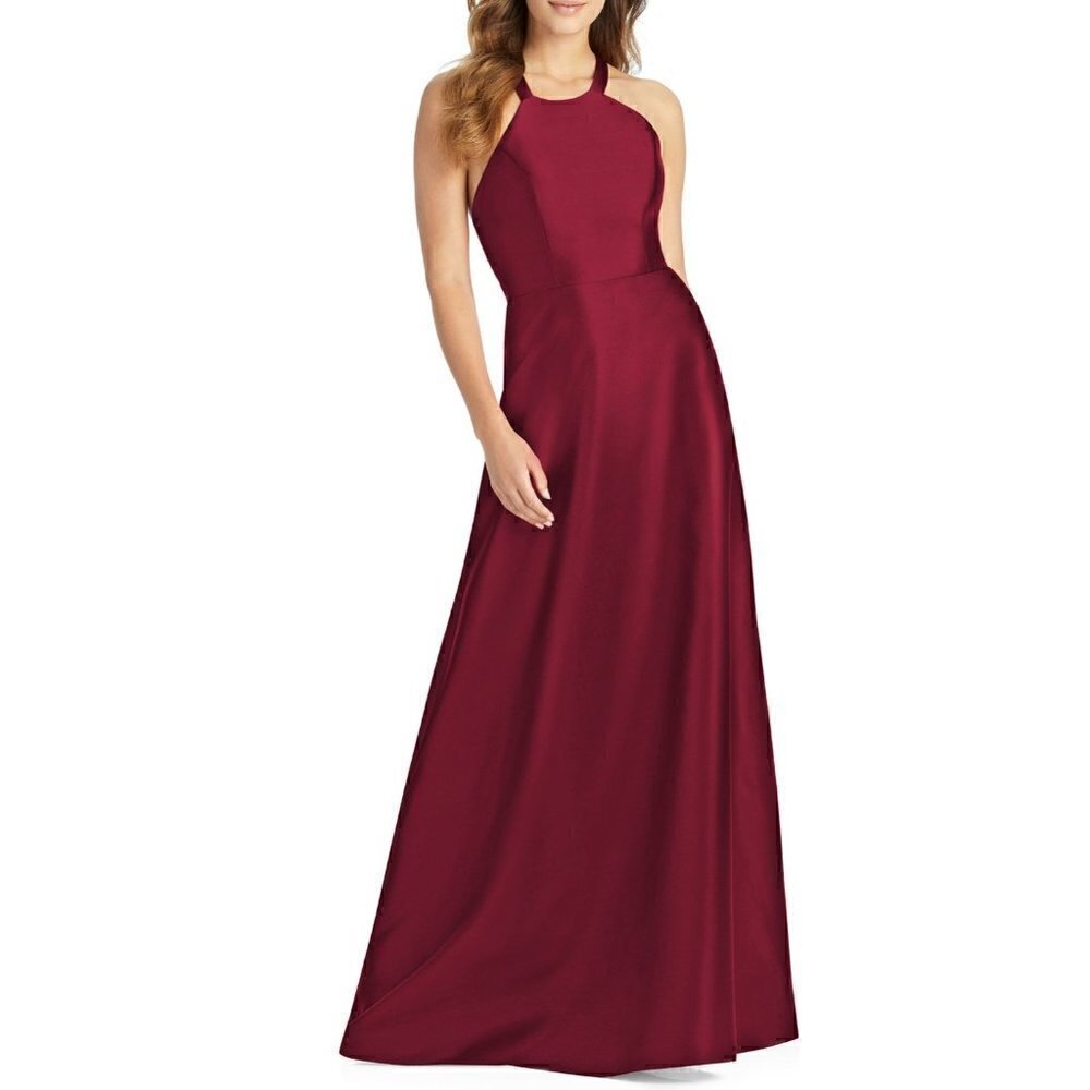 NWT Alfred Sung Size 2 Lace-Up Back Satin Twill A-Line Gown - Burgundy MSRP $25